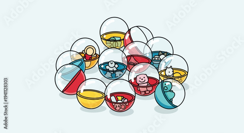 Collection of colorful gachapon capsule toys with miniature figures inside