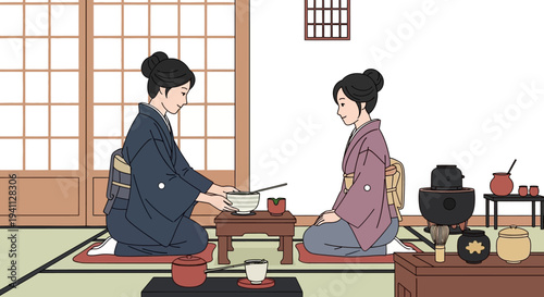 Japanese women in kimono performing traditional tea ceremony in tatami room