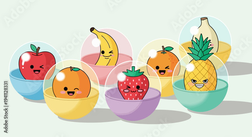 Cute Kawaii Fruit Characters in Capsules, Funny Food Faces, Vector Illustration