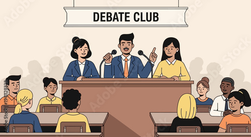 Debate Club Meeting: Students and Speakers Engage in Discussion at Podium