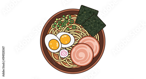 Delicious Ramen Bowl with Egg, Pork, and Seaweed - Top View Illustration