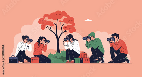 Diverse Group of Photographers Capturing Nature with Cameras