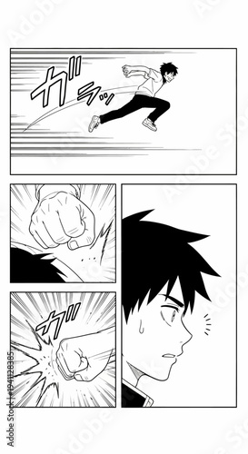 Dynamic Manga Panel: Determined Young Man Running and Punching with Speed Lines