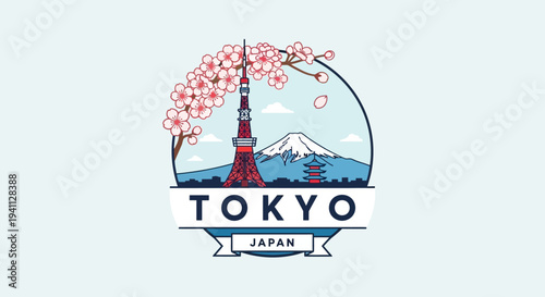 Tokyo Japan Landmark Circle Emblem with Cherry Blossoms and Mount Fuji