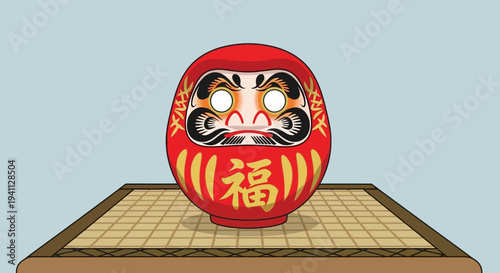 Red Daruma Doll with Japanese "Fuku" Kanji for Good Luck, Sitting on Tatami Mat