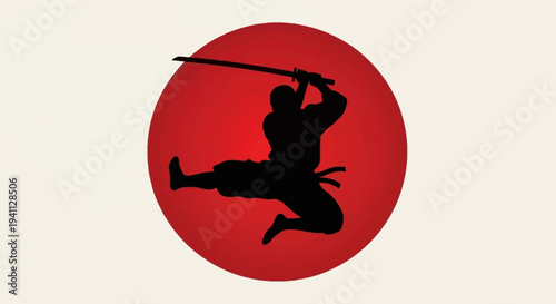 Silhouette Ninja Warrior Jumping with Katana Sword Against Red Sun Circle
