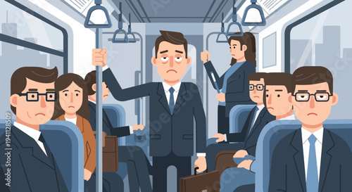 Tired businessman commuting on crowded train, feeling stressed and exhausted