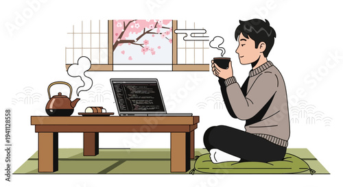 Young Man Enjoying Tea and Coding in Traditional Japanese Room with Cherry Blossoms