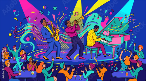 A vibrant illustration of a jazz band performing live on stage in a lively club, with an enthusiastic audience enjoying the music and colorful spotlights.