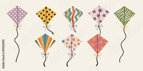 A collection of colorful diamond shaped kites floating on strings