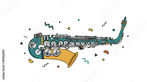 Stylized teal and gold saxophone illustration with festive confetti elements.