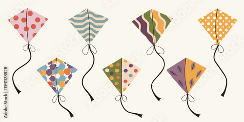 A collection of colorful patterned kites floating against a neutral background