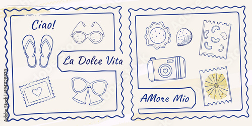 Sketch style postcards depict italian summer vacation items and phrases