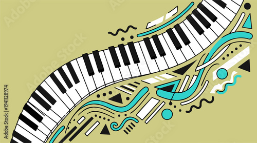 Abstract graphic design featuring a flowing piano keyboard with geometric shapes and wavy lines on a light background, representing music and creativity.