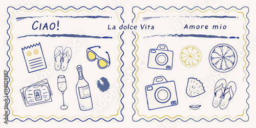 Italian themed postcards featuring summer vacation doodles and phrases