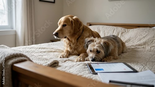Two Dogs Lying on Bed with Tablet.