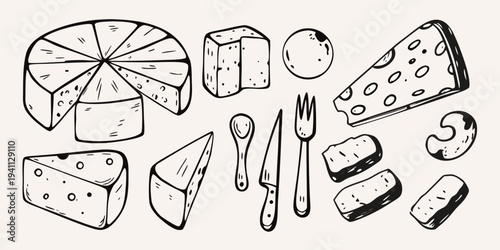 A hand drawn collection of various cheese types and serving utensils