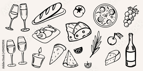 A charming doodle collection featuring wine cheese bread and fresh fruit