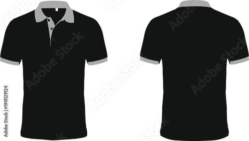 Black polo shirt fashion illustration with gray collar, button placket, cuffed sleeves, wavy seam detail, front and back technical view