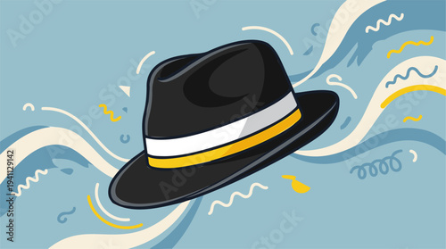 A stylish black fedora hat with a white and yellow band floating on an abstract light blue background with wavy lines and playful doodles.