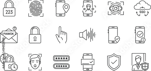 Collection of security and authentication icons including biometric verification, password protection, location-based access, Single Sign-On, shield, lock, identity features