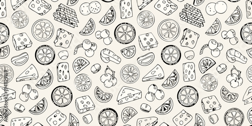 Seamless pattern of hand drawn citrus fruits and various cheese slices