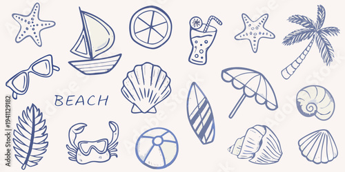 Doodle collection featuring summer beach elements and tropical imagery