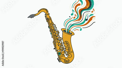 A stylized illustration of a golden saxophone with vibrant, swirling musical notes and lines emerging from its bell on a white background.