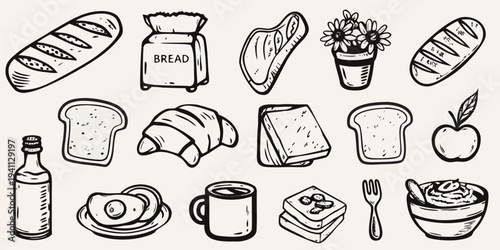 A collection of hand drawn bakery items breakfast foods and kitchen objects