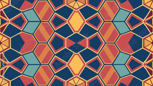 Abstract geometric pattern with colorful hexagons and diamond shapes