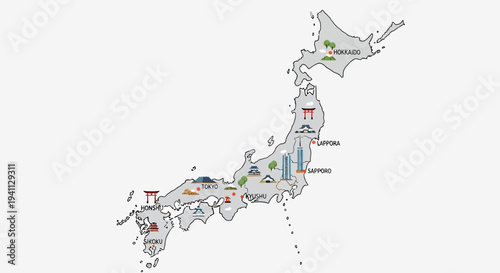 Illustrated Map of Japan with Famous Landmarks and Cities