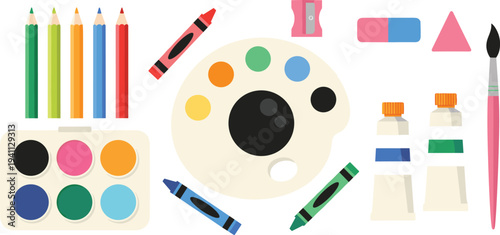 Collection of art supplies including colored pencils, crayons, paint palette, watercolor set, paint tubes, brush, eraser, sharpener design