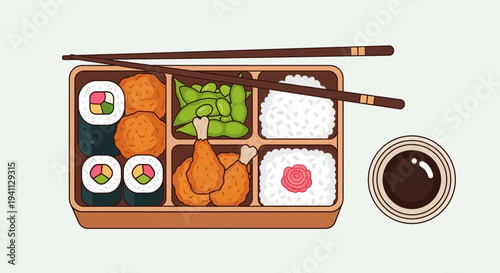 Japanese Bento Box Lunch with Sushi, Fried Chicken, and Edamame
