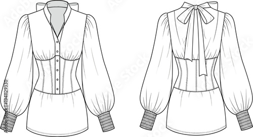 Elegant women’s blouse fashion illustration with voluminous sleeves, peplum waist, bow tie back, collar neckline, front and back technical view