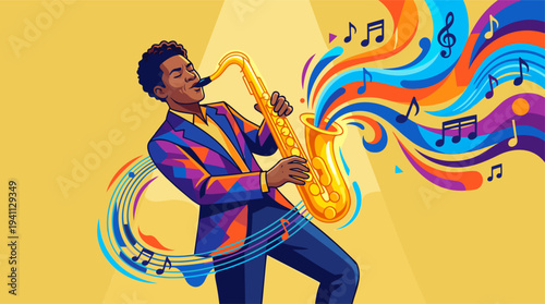 A vibrant illustration of a Black man playing a golden saxophone with colorful musical notes and abstract shapes flowing around him, on a yellow background.