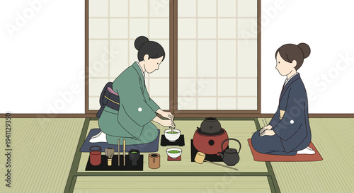 Japanese Tea Ceremony: Two Women in Kimonos Preparing Matcha in a Traditional Room