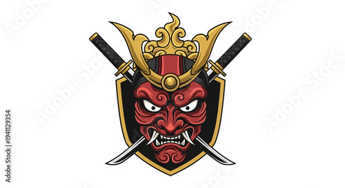 Japanese Samurai Mask Oni Demon with Crossed Swords Emblem
