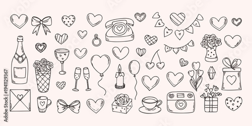 Doodle illustrations of love symbols gifts and romantic items