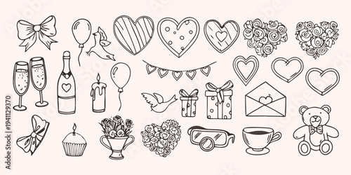 Hand drawn collection of romantic symbols hearts flowers gifts and champagne
