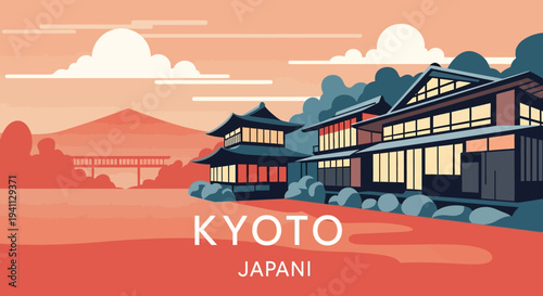 Kyoto Japan Traditional Architecture and Landscape at Sunset