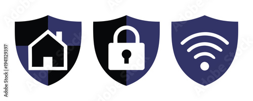 Cyber security shield icon set with VPN wifi and lock symbols representing data protection privacy encryption and secure internet connection concepts