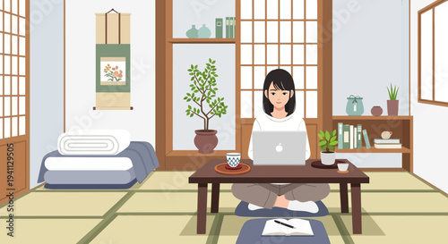 Woman working remotely in a traditional Japanese room with laptop