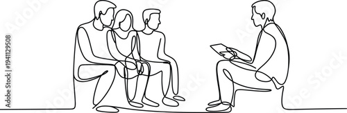 Continuous line drawing of a group of people in a therapy or counseling session with a therapist holding a tablet Keywords: therapy session, counseling, group therapy, therapist, patient, mental