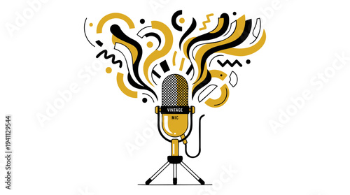 A stylized illustration of a vintage microphone emitting abstract golden and black sound waves on a white background.