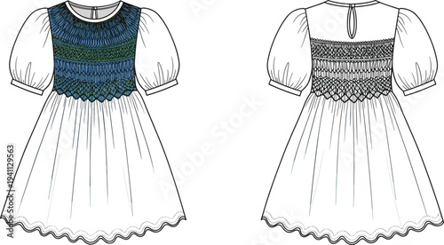 Girl’s puff sleeve dress fashion illustration with smocked bodice, scalloped hemline, round neckline, keyhole back, front and back technical view