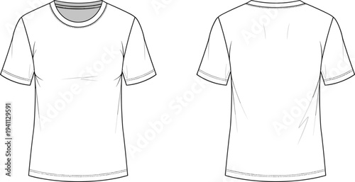 Technical fashion flat sketch of basic short-sleeve crew neck t-shirt front and back view with neckline, hem, sleeve construction details