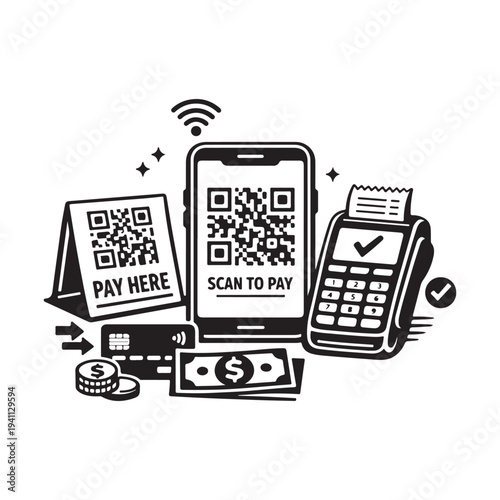 digital payment methods, including QR code scanning with a smartphone and credit card transactions silhouette icon on white background