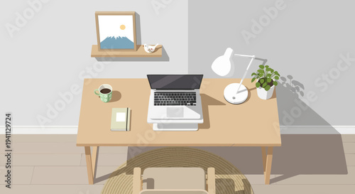 Cozy Home Office Desk Setup with Laptop, Lamp, Plant, and Coffee