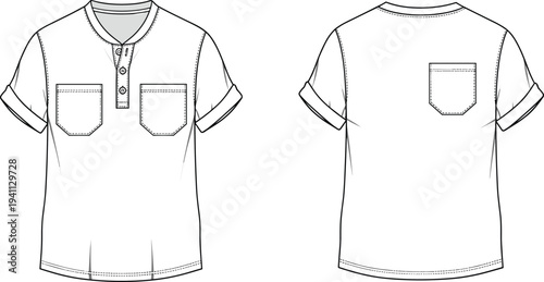 Technical fashion flat sketch of Henley shirt front and back view with round neckline, button placket, chest pockets, cuffed sleeves, curved hem