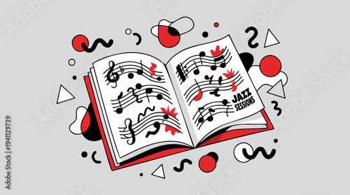 An open music book displaying various musical notes, clefs, and symbols, surrounded by abstract graphic elements and indicating 'JAZZ MUSIC'.